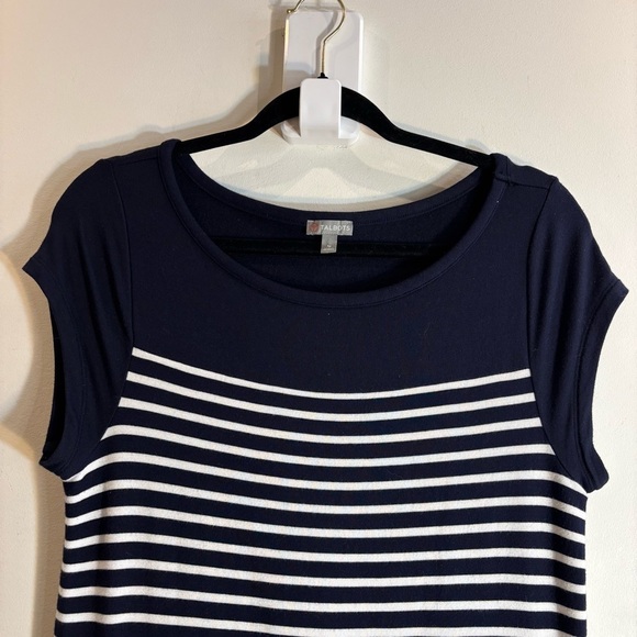 TALBOTS Sz M Navy and White Striped Cap Sleeve Drawstring Maxi Dress Side Slit - Picture 3 of 11
